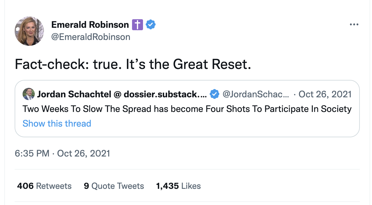 Emerald Robinson pushing the great reset