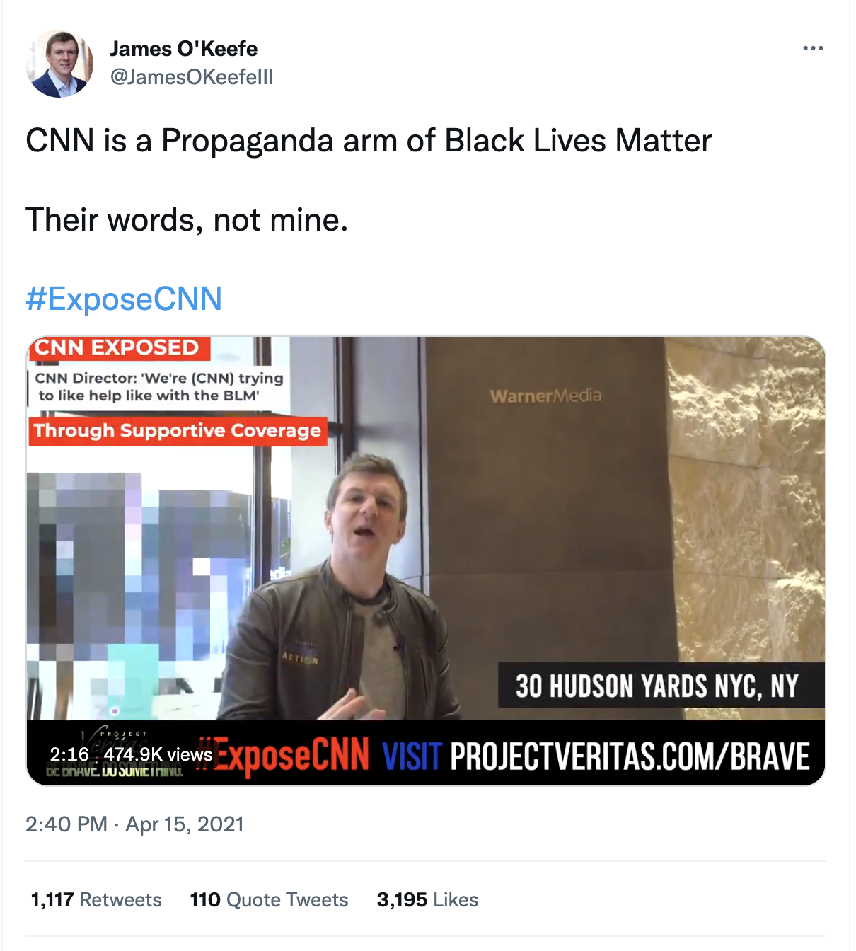 James O'Keefe calling CNN a “propaganda arm of Black Lives Matter”