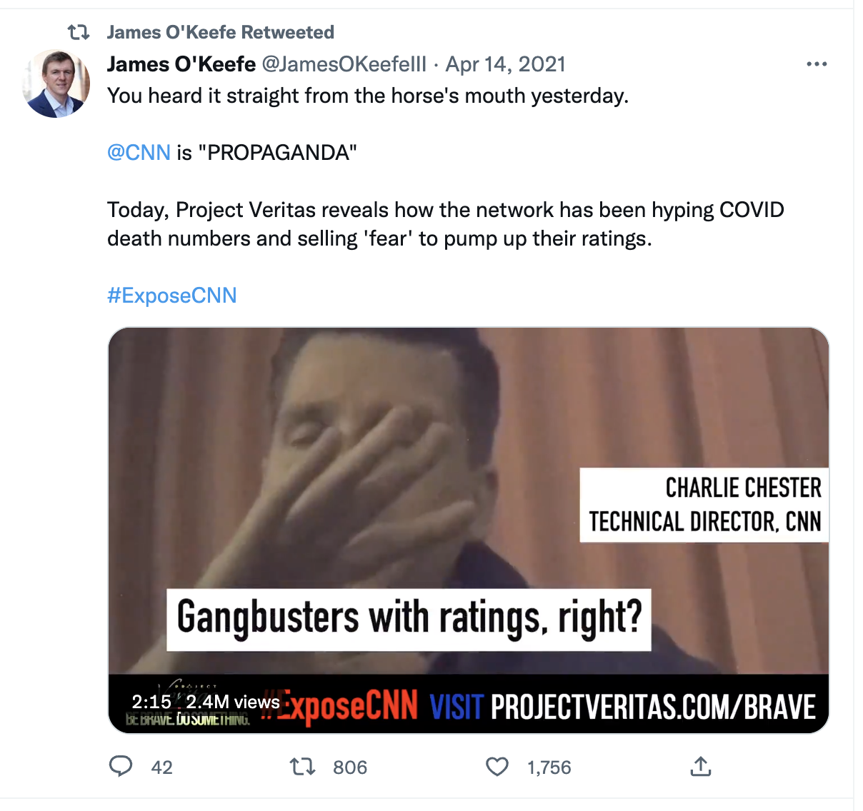 O'Keefe attacking CNN for hyping “COVID death numbers” to “pump up their ratings.”