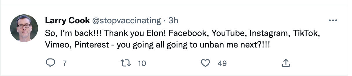 Larry Cook saying he is banned from platforms