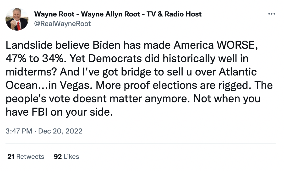 Landslide believe Biden has made America WORSE, 47% to 34%. Yet Democrats did historically well in midterms? And I've got bridge to sell u over Atlantic Ocean...in Vegas. More proof elections are rigged. The people's vote doesnt matter anymore. Not when you have FBI on your side.