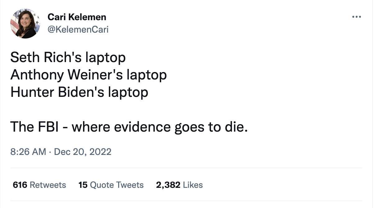 Seth Rich's laptop Anthony Weiner's laptop Hunter Biden's laptop  The FBI - where evidence goes to die.