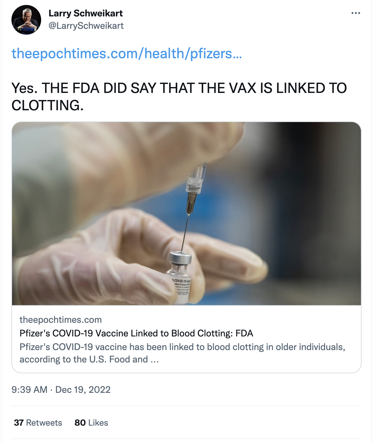 Larry Schweikart sharing the epoch times casting doubt on vaccines