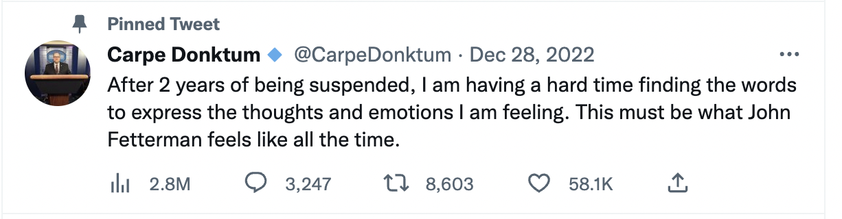 After 2 years of being suspended, I am having a hard time finding the words to express the thoughts and emotions I am feeling. This must be what John Fetterman feels like all the time.