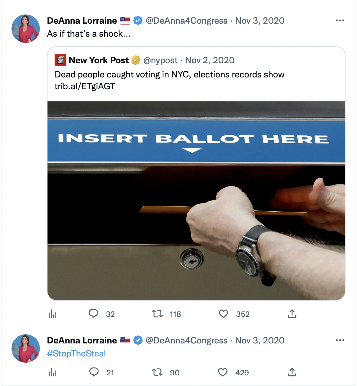 Quote-tweeting NY Post "Dead people caught voting in NYC" and said "as if that's a shock"