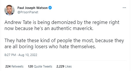 A tweet from Paul Joseph Watson defending Andrew Tate