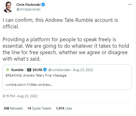 A screenshot of a tweet from the CEO of Rumble promoting Andrew Tate