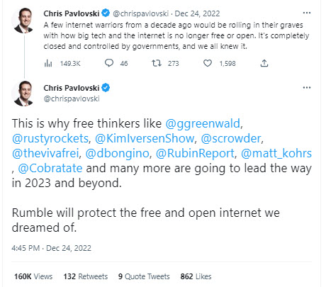 A screenshot of a tweet from the CEO of Rumble promoting Andrew Tate