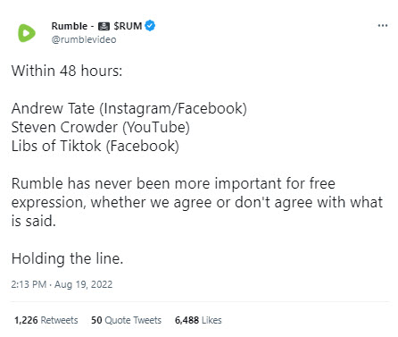 A screenshot of a tweet from Rumble promoting Andrew Tate