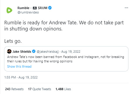 A screenshot of a tweet from Rumble promoting Tate on its platform