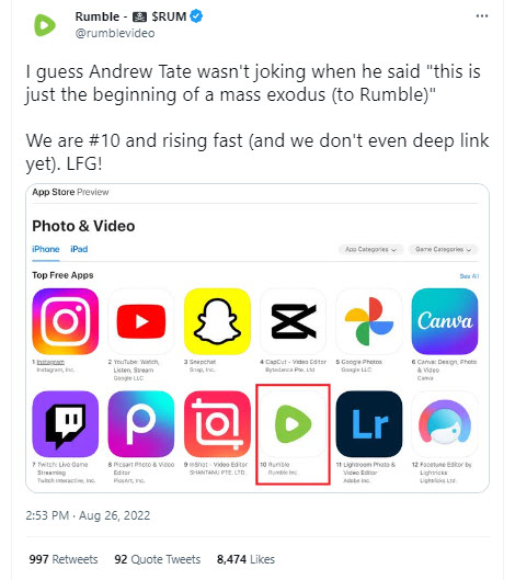 A screenshot of a tweet from Rumble promoting Andrew Tate