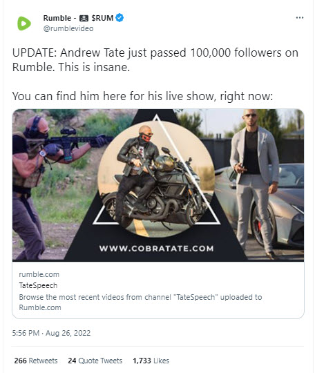 A screenshot of a tweet from Rumble promoting Andrew Tate