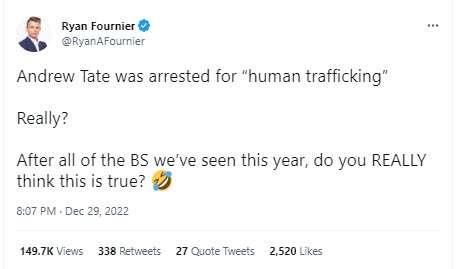 A screenshot of a tweet from Ryan Fournier about Tate 
