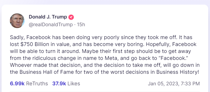 Trump truth social facebook reinstatement post