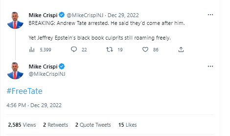 A screenshot of a tweet from Mike Crispi about Andrew Tate