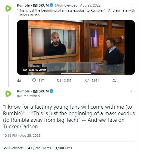 A screenshot of a tweet from Rumble promoting Andrew Tate