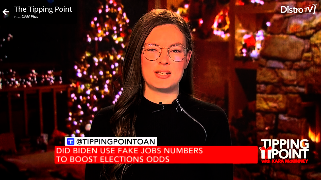 OAN plus broadcast on distro TV. Caption: did Biden use fake jobs numbers to boost election odds