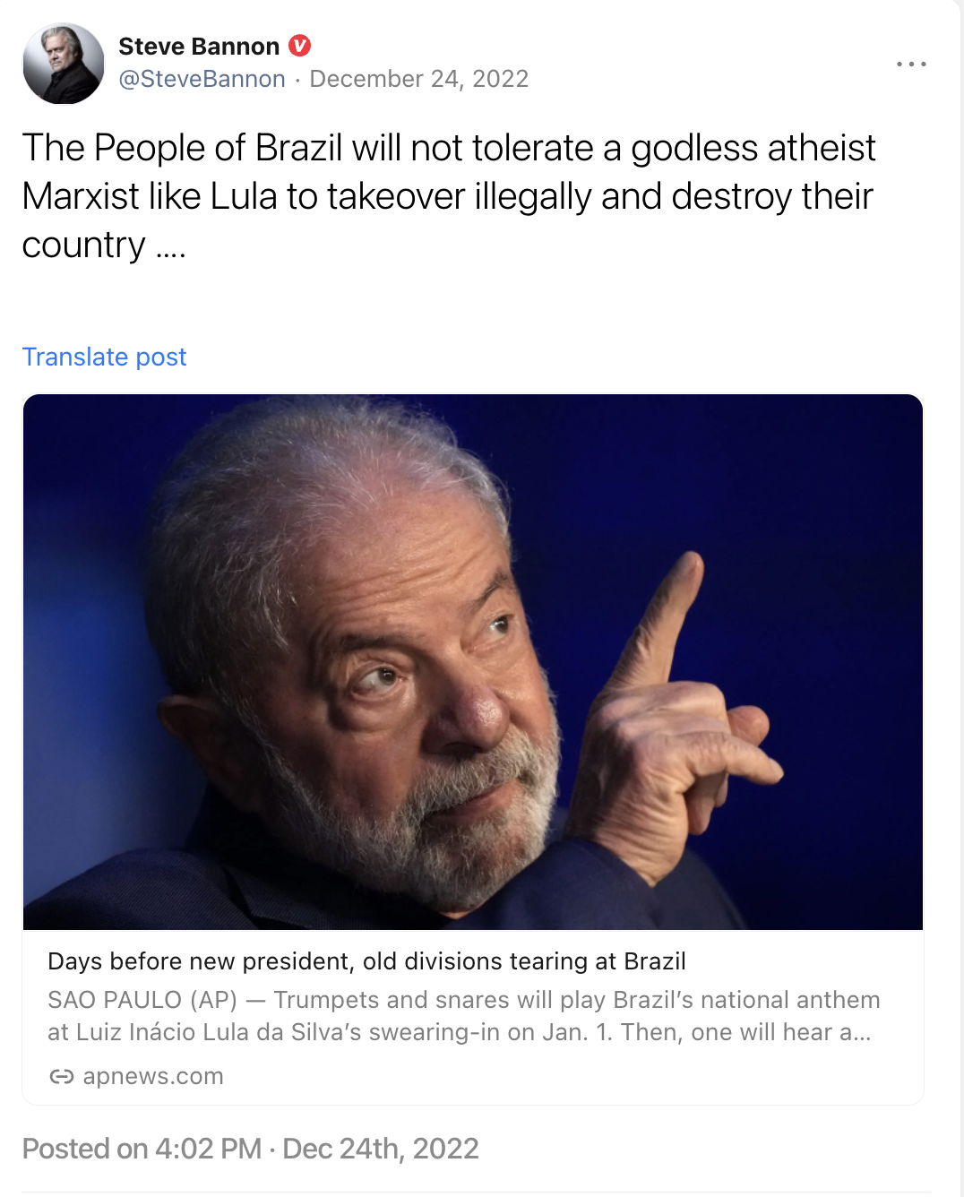 The People of Brazil will not tolerate a godless atheist Marxist like Lula to takeover illegally and destroy their country