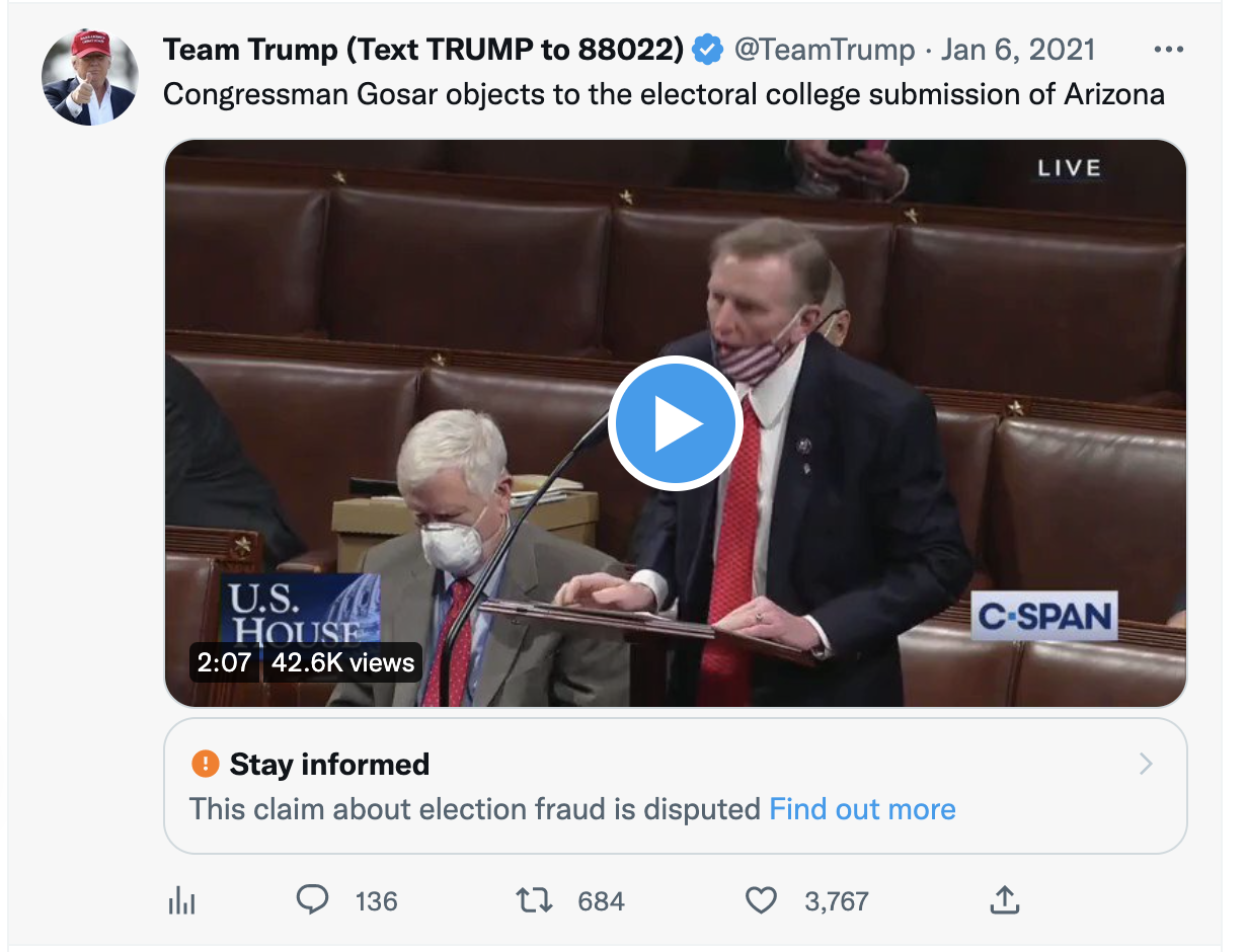 @TeamTrump sharing Rep. Gosar objected to election results
