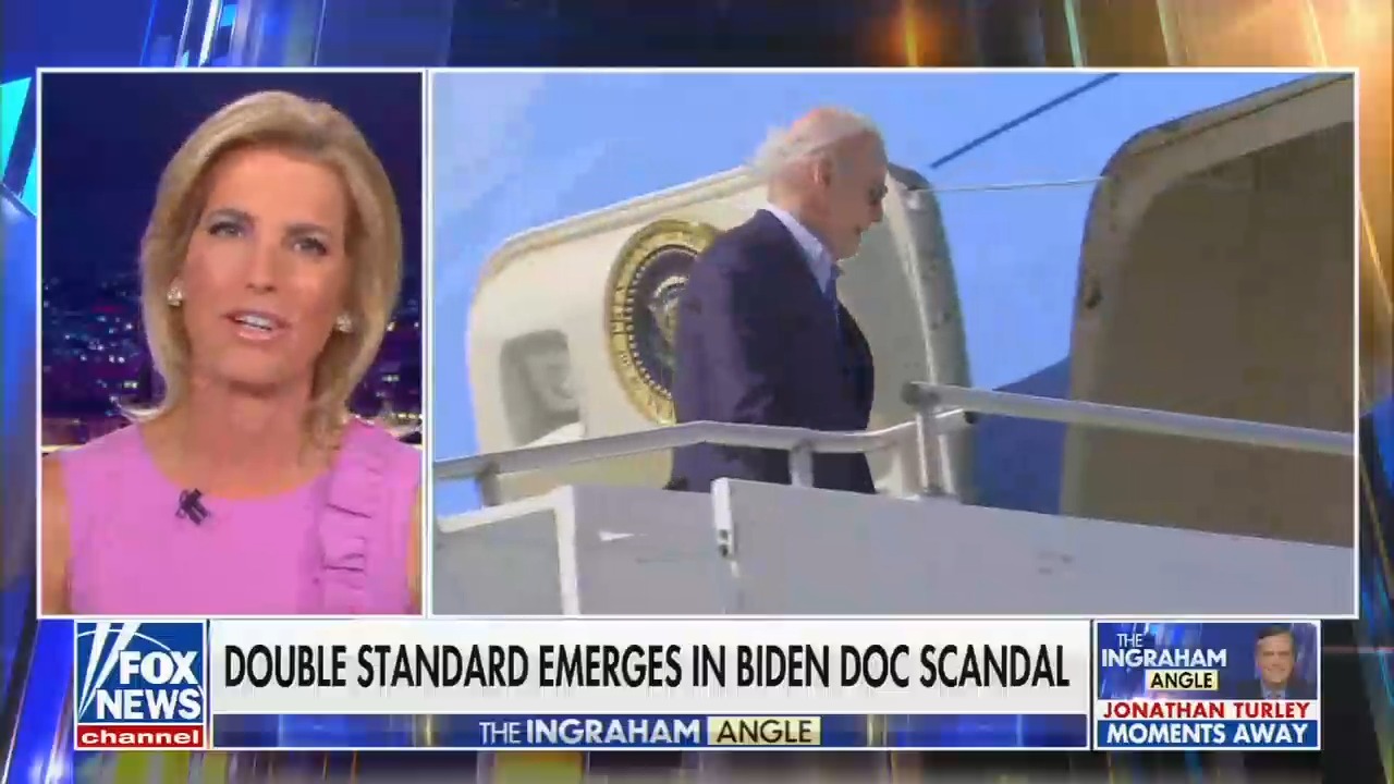 Laura Ingraham with the chyron "Double standard emerges in Biden doc scandal"