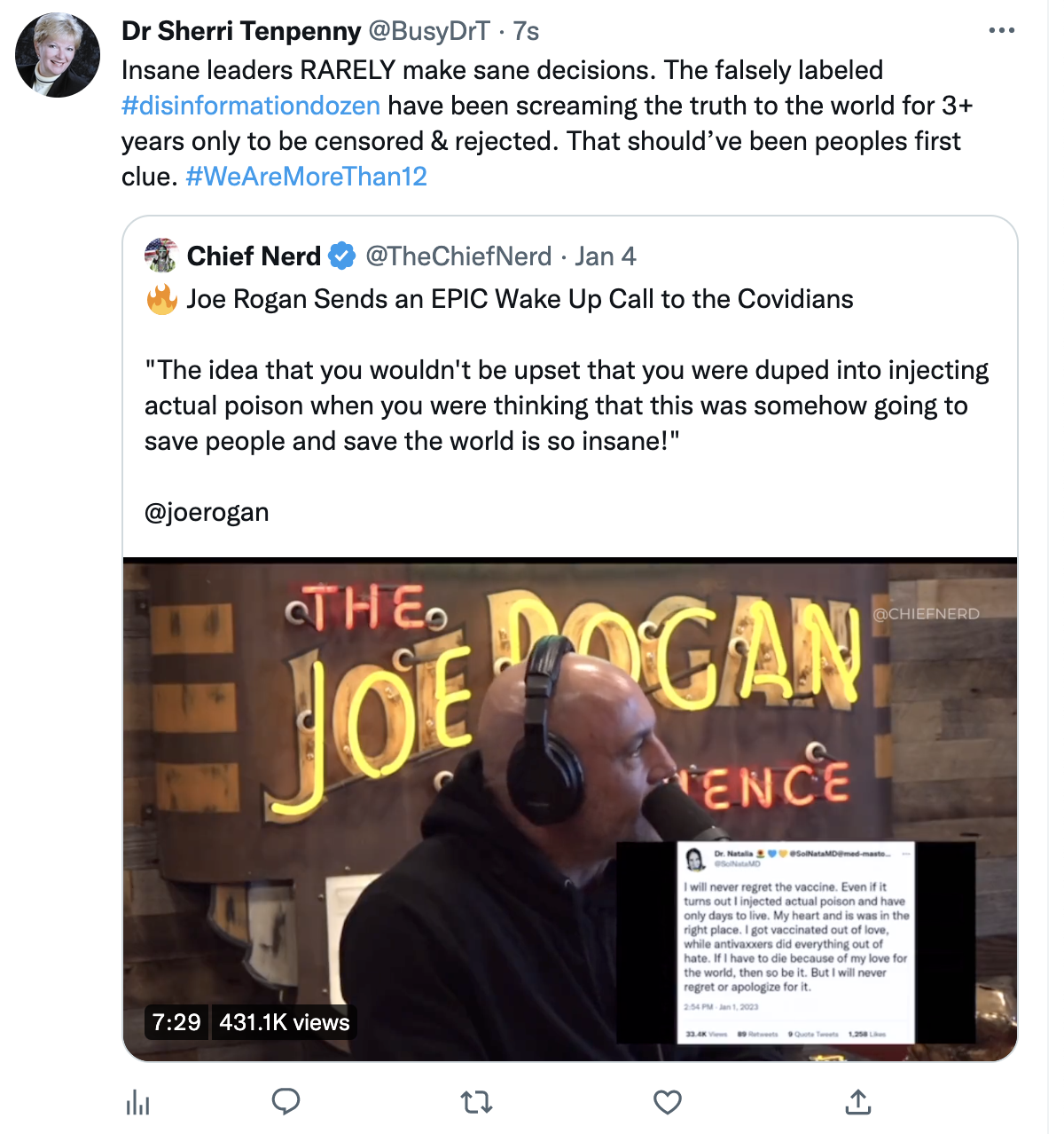 Sherri Tenpenny  claiming the disinformation dozen has spread accurate information about COVID-19