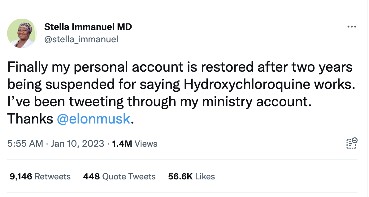 Stella Immanuel thanking Musk for her reinstatement