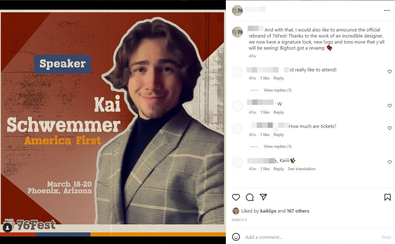 A screenshot promoting Schwemmer as a speaker at an event 