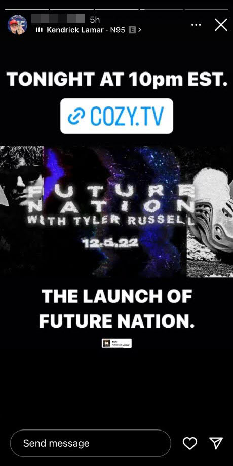 A screenshot of an Instagram story sharing a link to Cozy.TV