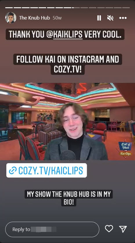 A screenshot of the story link sticker on Instagram being used to direct followers to Cozy.TV