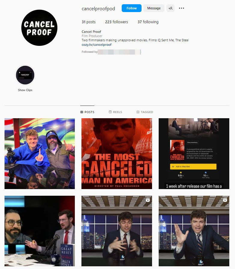 A screenshot of the CancelProof Instagram account 