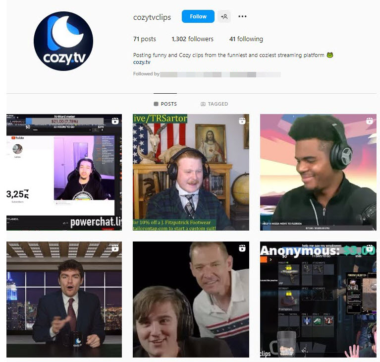 A screenshot of an account that post clips from Cozy.TV