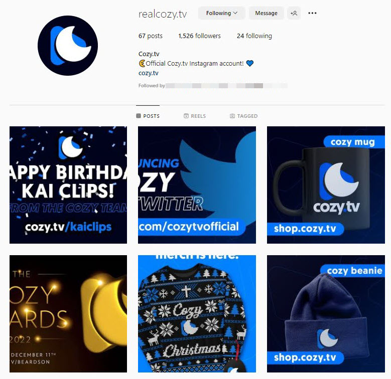 A screenshot of what claims to be the official Cozy.TV Instagram account 
