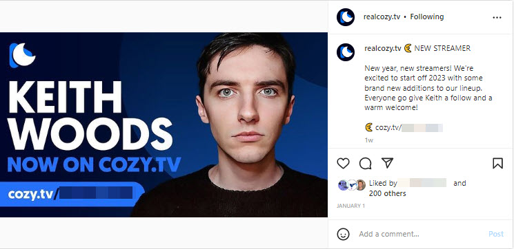 A screenshot of this account promoting a new streamer 