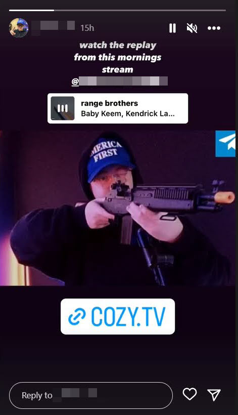 A screenshot of the story link sticker on Instagram being used to direct followers to Cozy.TV