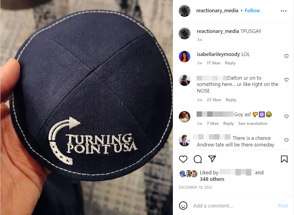 A screenshot of a seemingly violative post from a Groyper Instagram account 