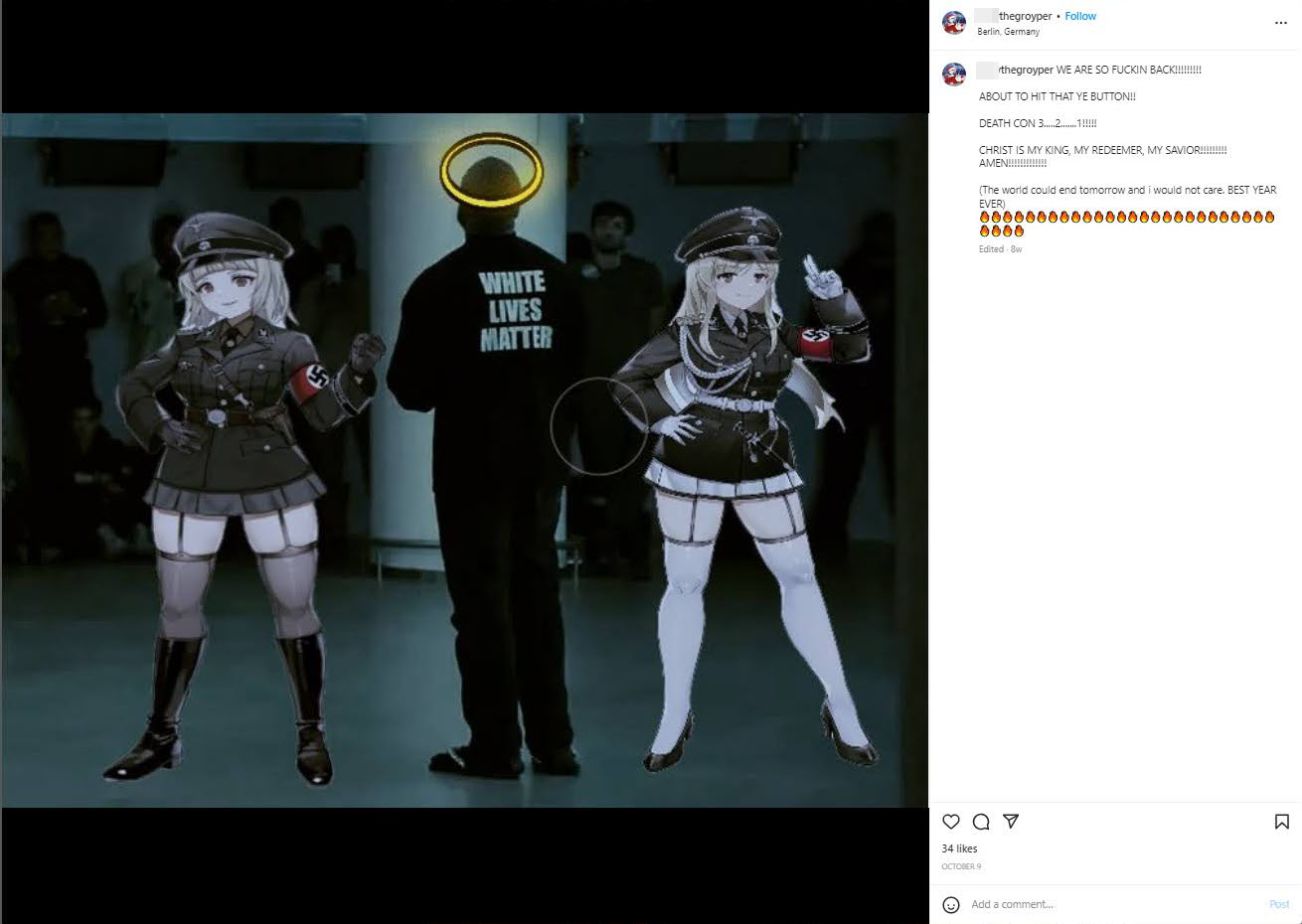 A screenshot of a seemingly violative post from a Groyper Instagram account 