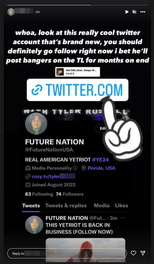 A screenshot of a story with the link sticker to a groyper Twitter account 