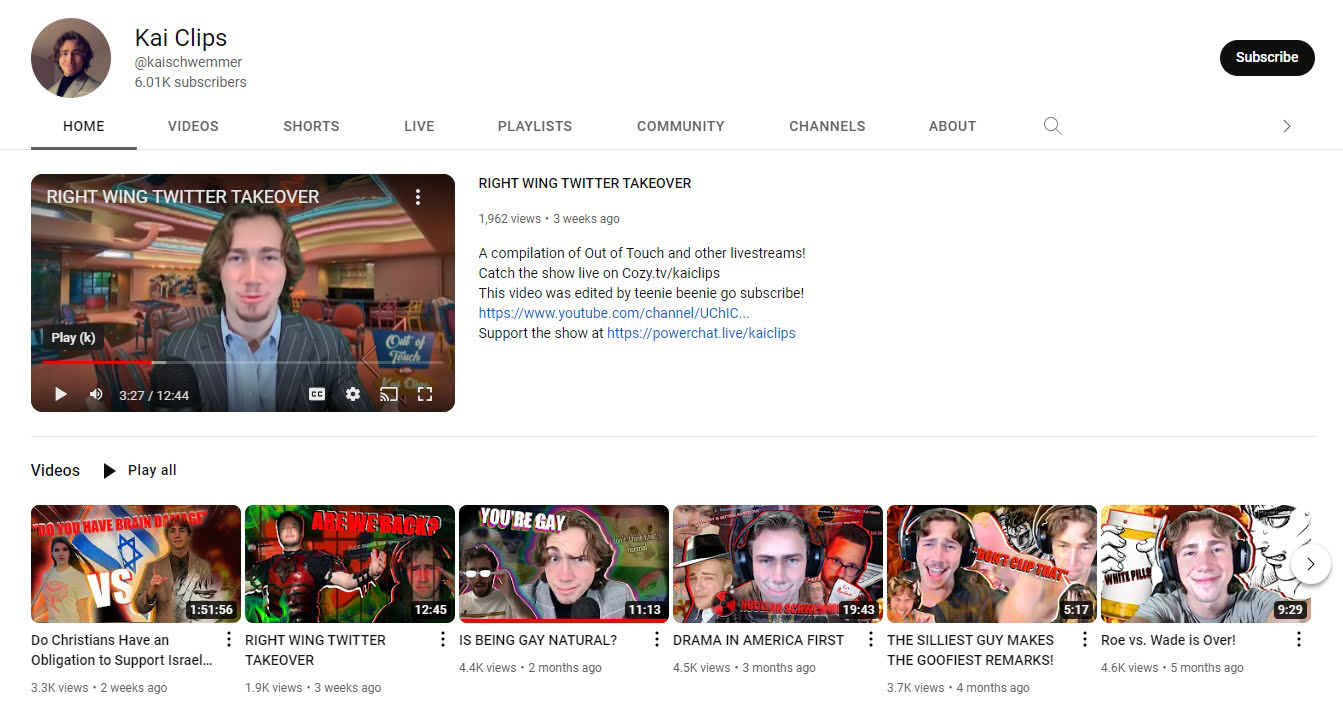 A screenshot showing Schwemmer's YouTube Channel