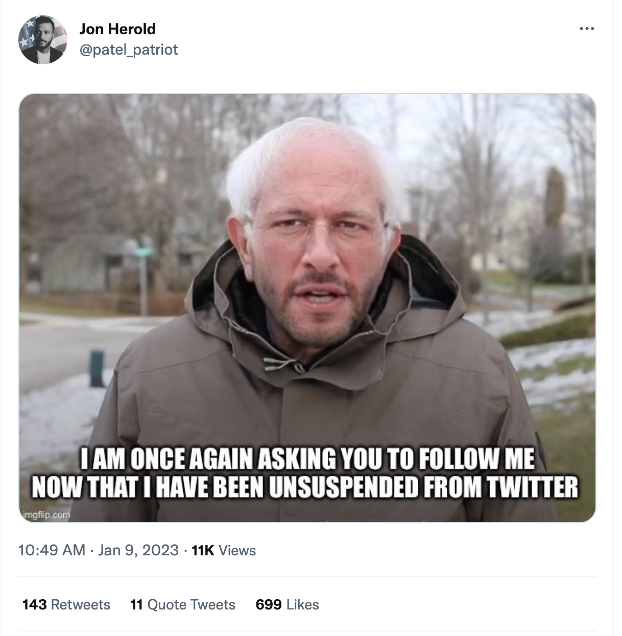 Patriot Patel back on twitter