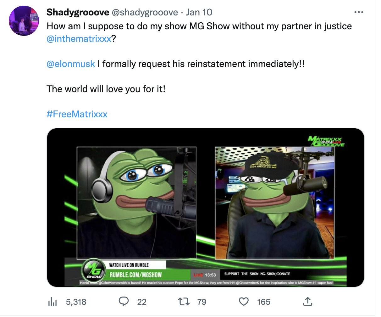 Shadygroove asking for podcast host to be reinstated on twitter