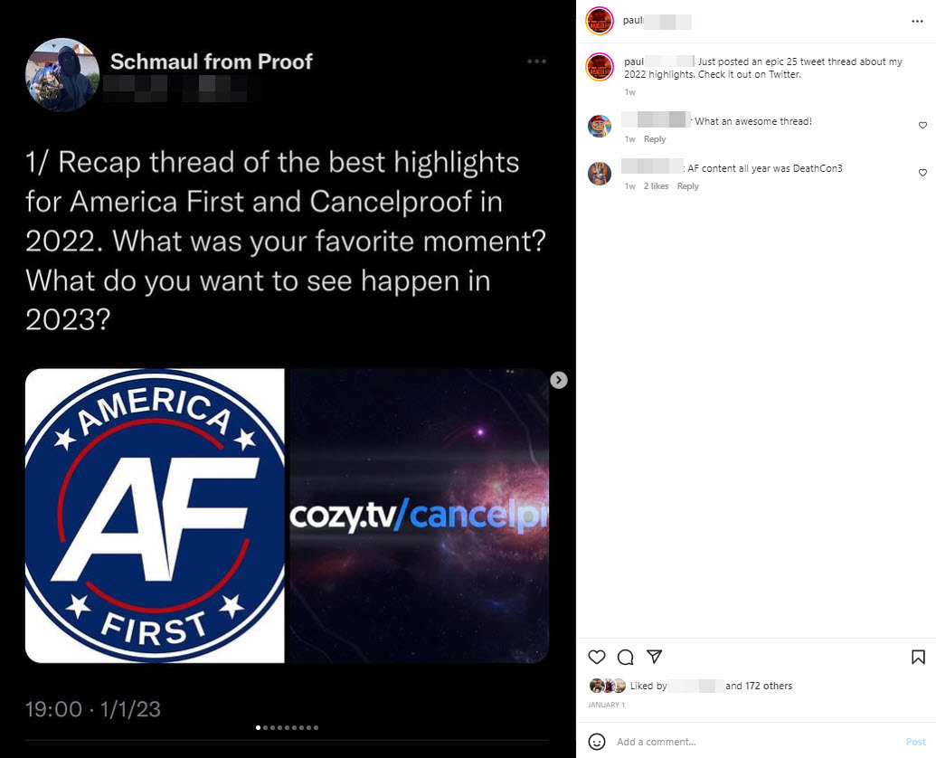 A screenshot of a post promoting America First 