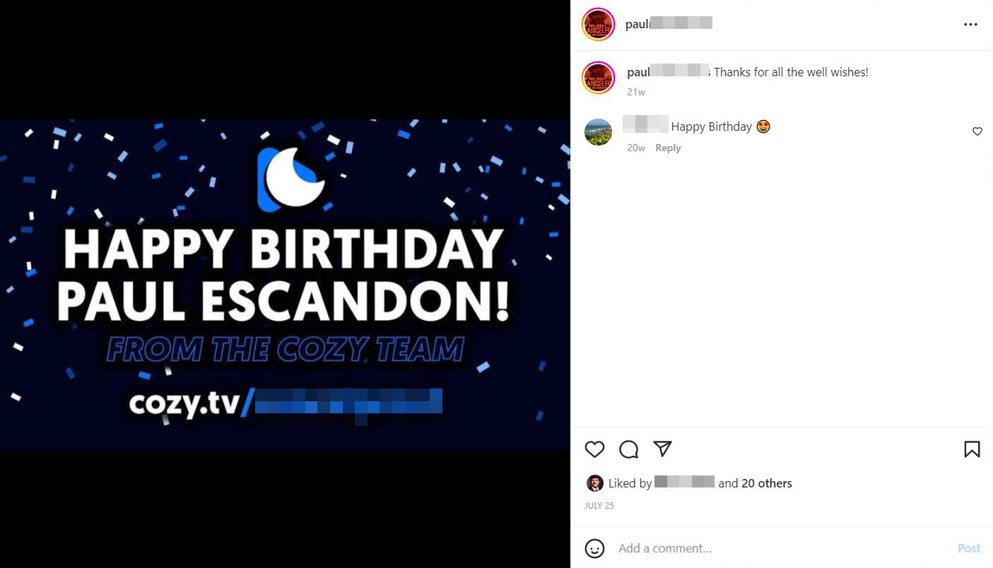 A screenshot from Cozy.TV wishing Paul a happy birthday 
