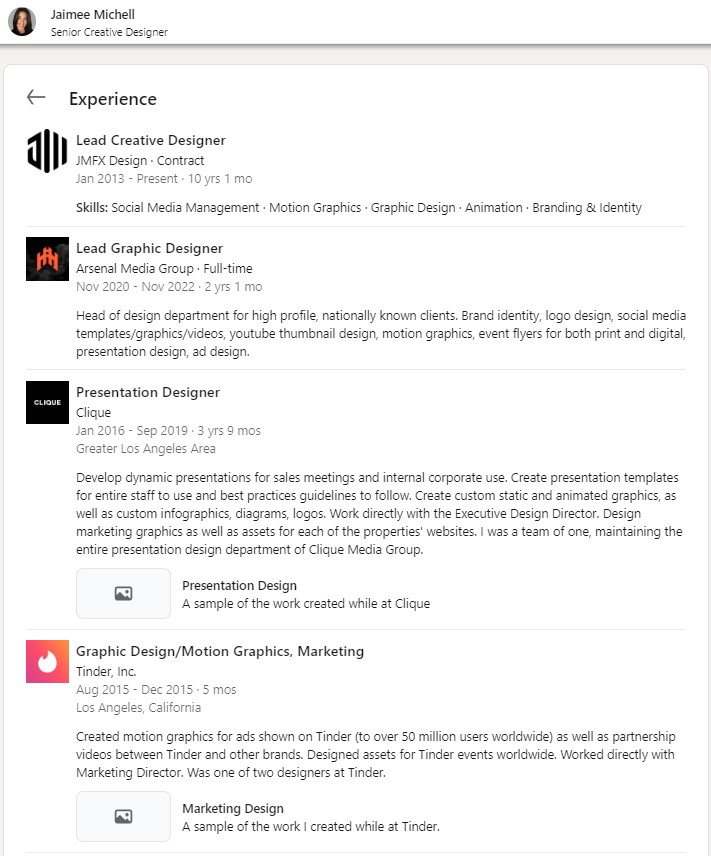 screenshot of Jaimee Michell's LinkedIn job experience page