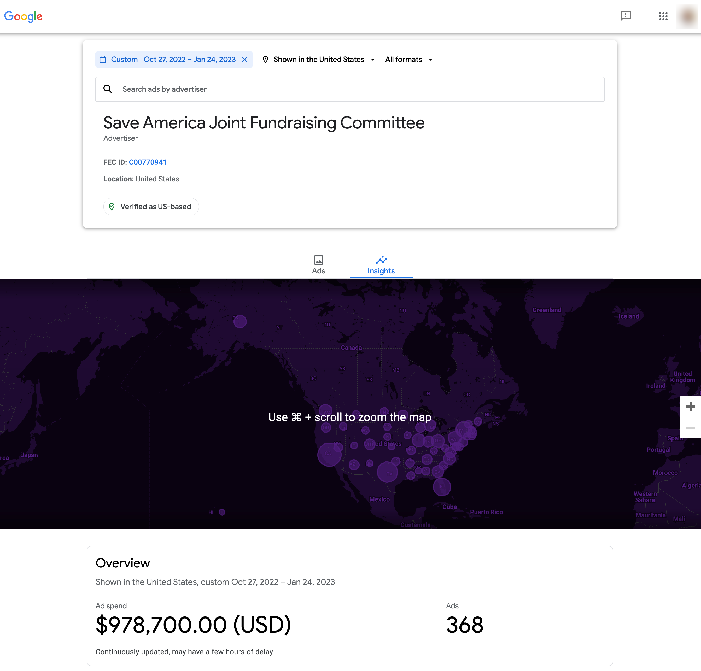 A screenshot of the insights from Google Ads