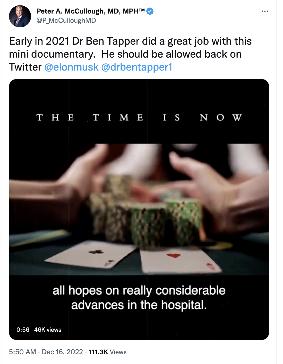 Peter McCullough calling for Ben Tapper to be back on Twitter