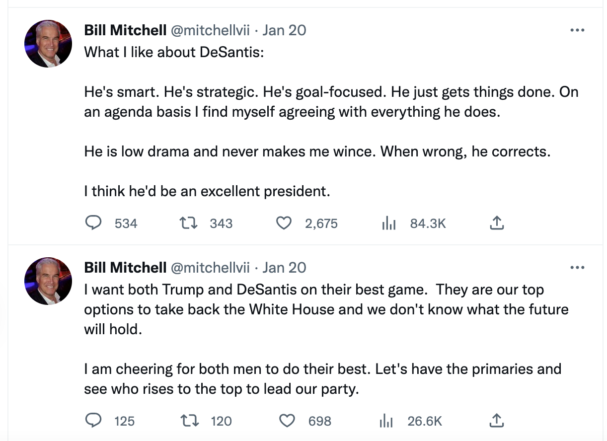 Bill Mitchell pushing for DeSantis and Trump to run in 2024