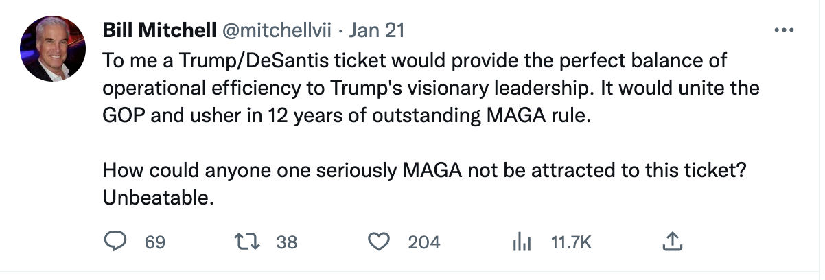 Bill Mitchell pushing for DeSantis to run w/ Trump in 2024