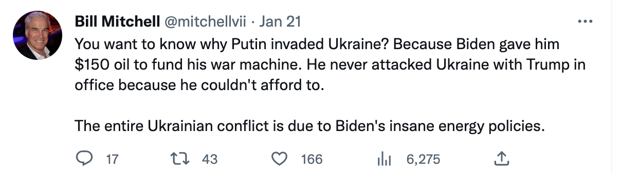 Bill Mitchell hyping Trump, saying Russia's war wouldn't have happened 