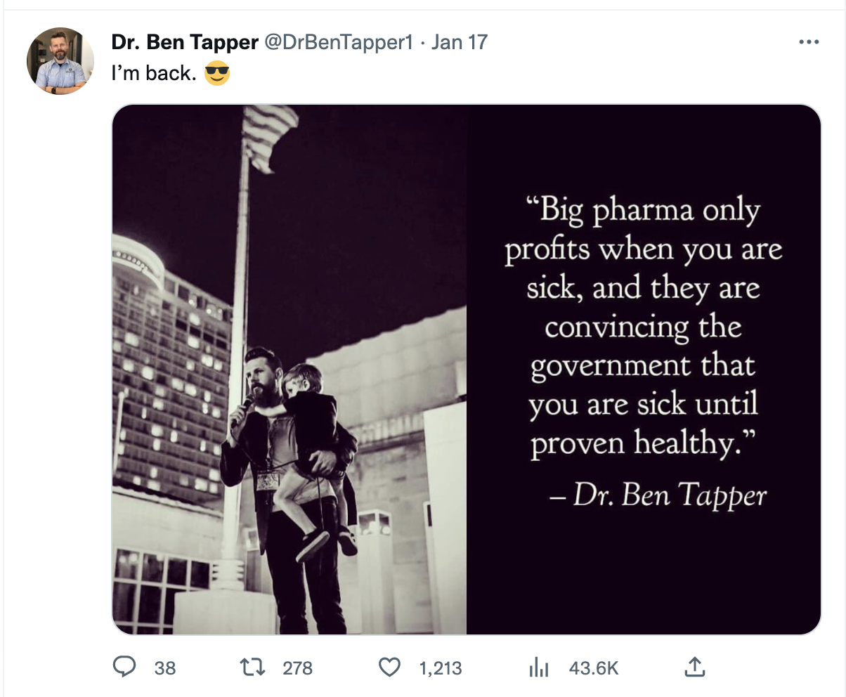 Ben Tapper's first tweet back on Twitter