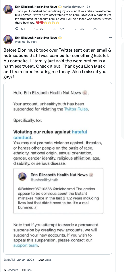 Erin Elizabeth thanking Musk for being reinstated